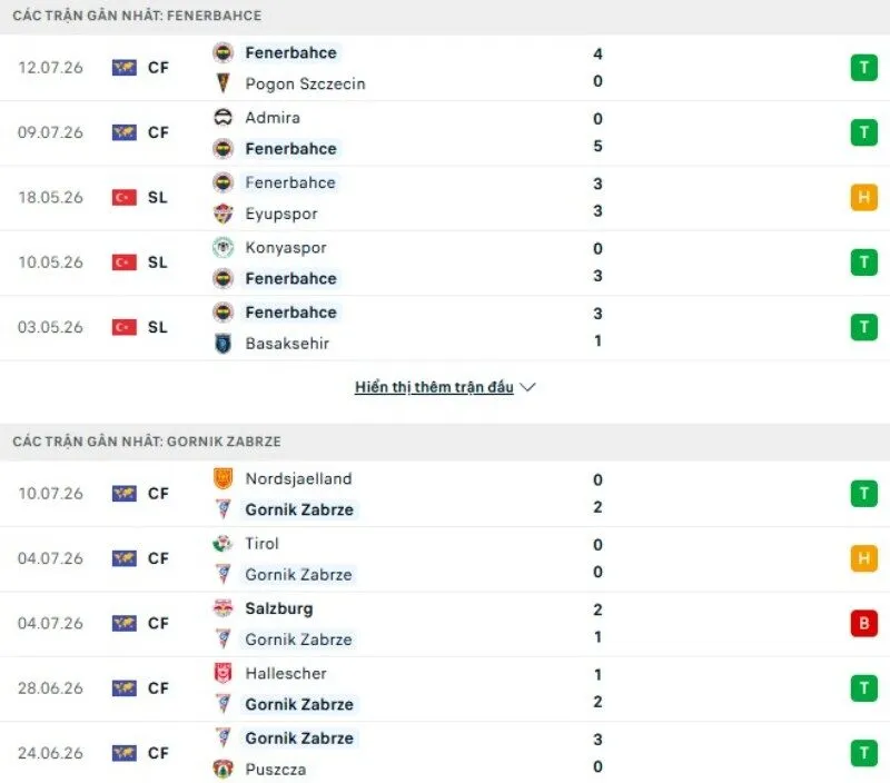 Thành tích thi đấu Fenerbahce vs Gornik